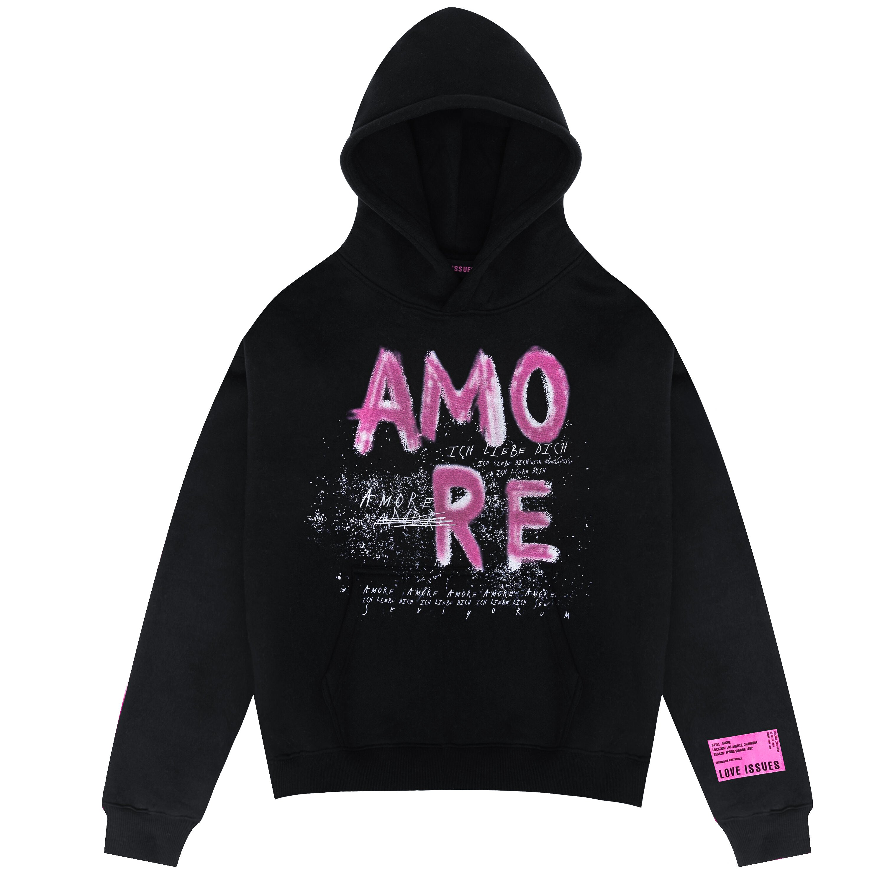 Black hoodie with pink 'AMORE' text on a white background
