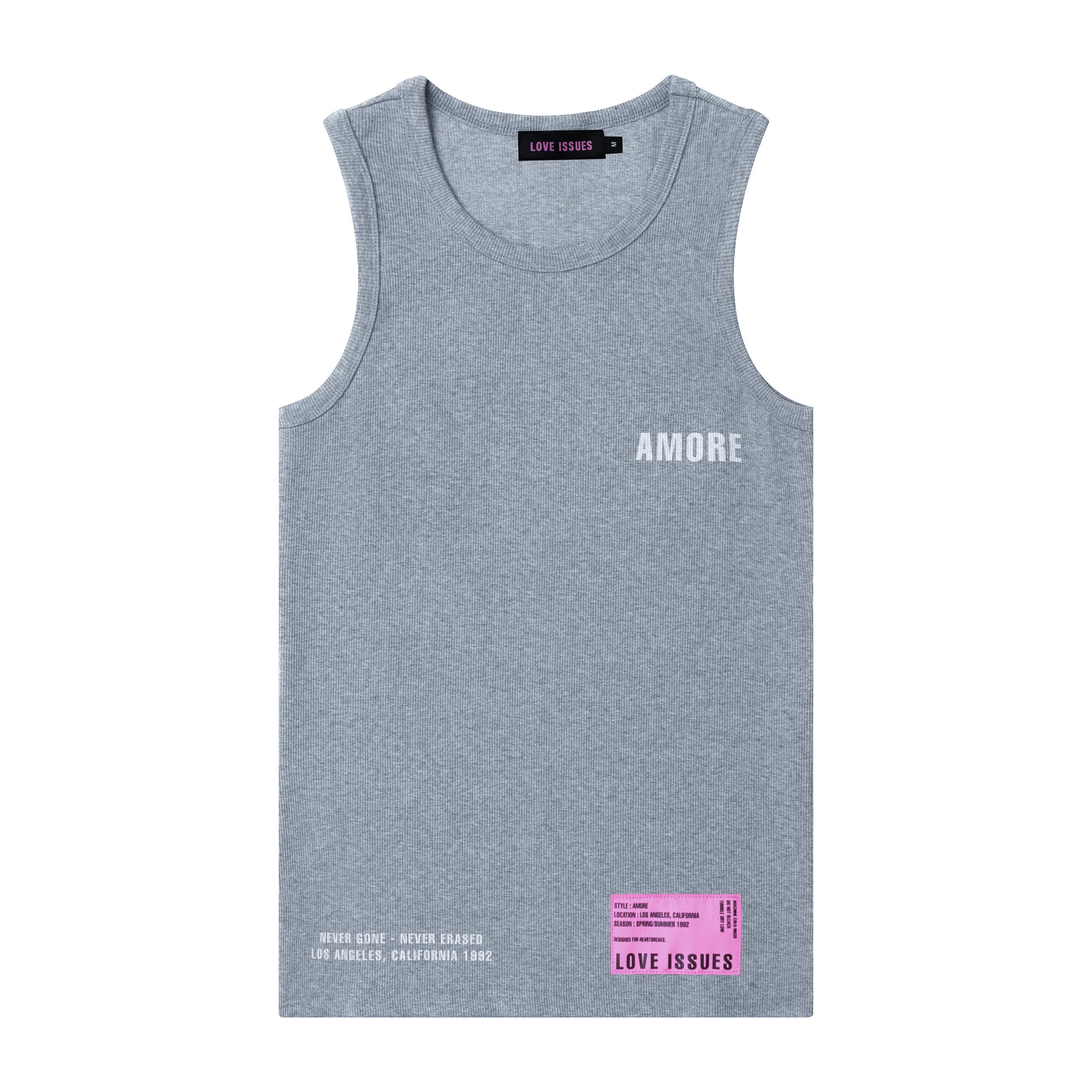 Gray tank top with 'AMORE' text on a white background