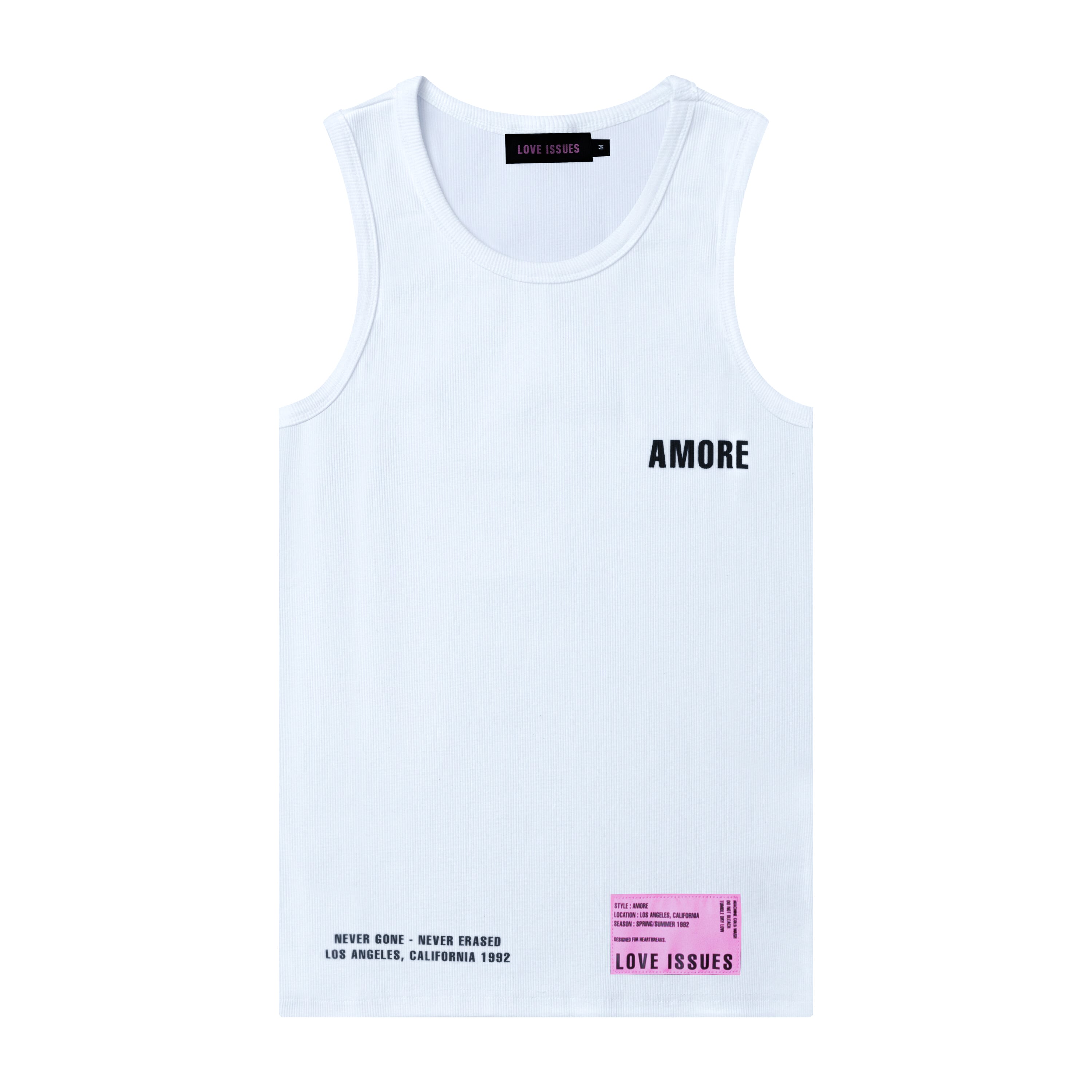 White tank top with text on a white background