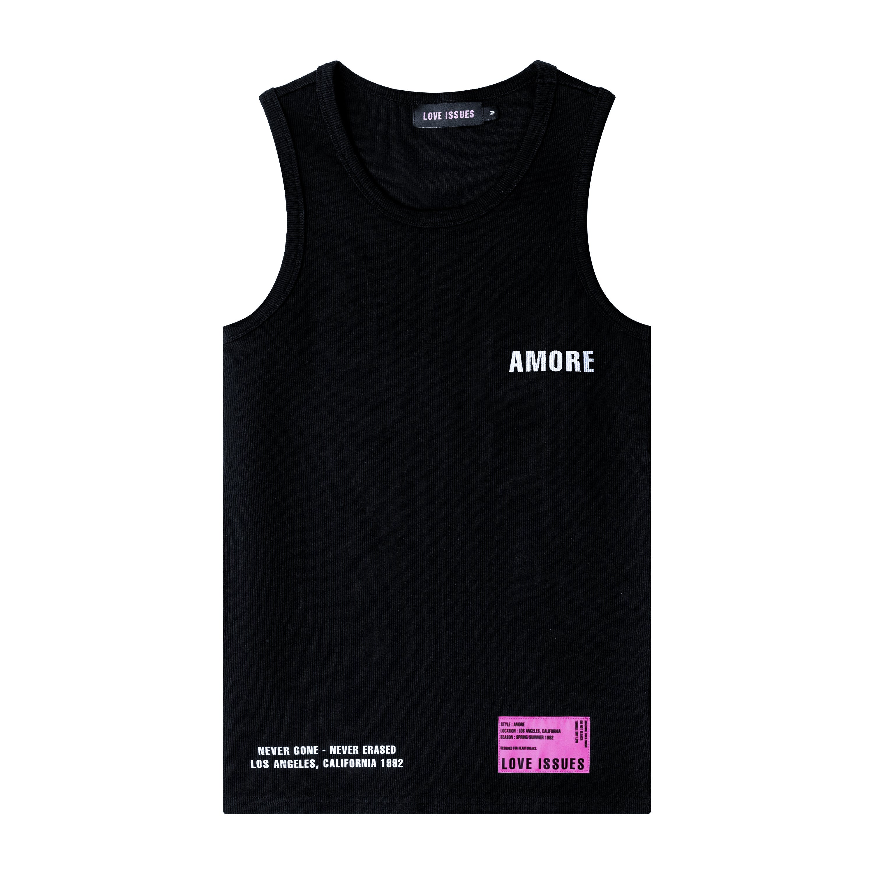 Black tank top with 'AMORE' text and branding on a white background