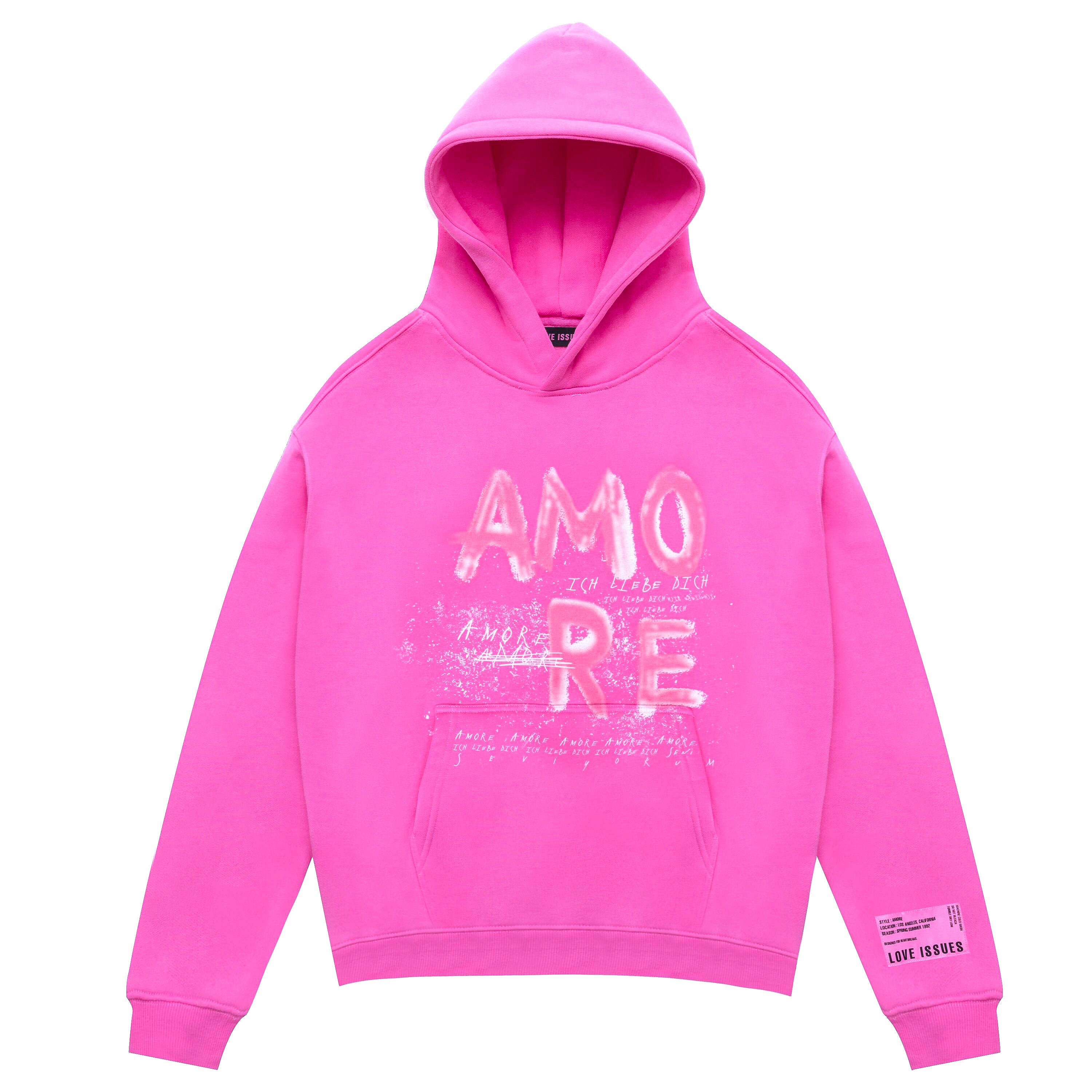 Pink hoodie with 'AMORE' text on a white background