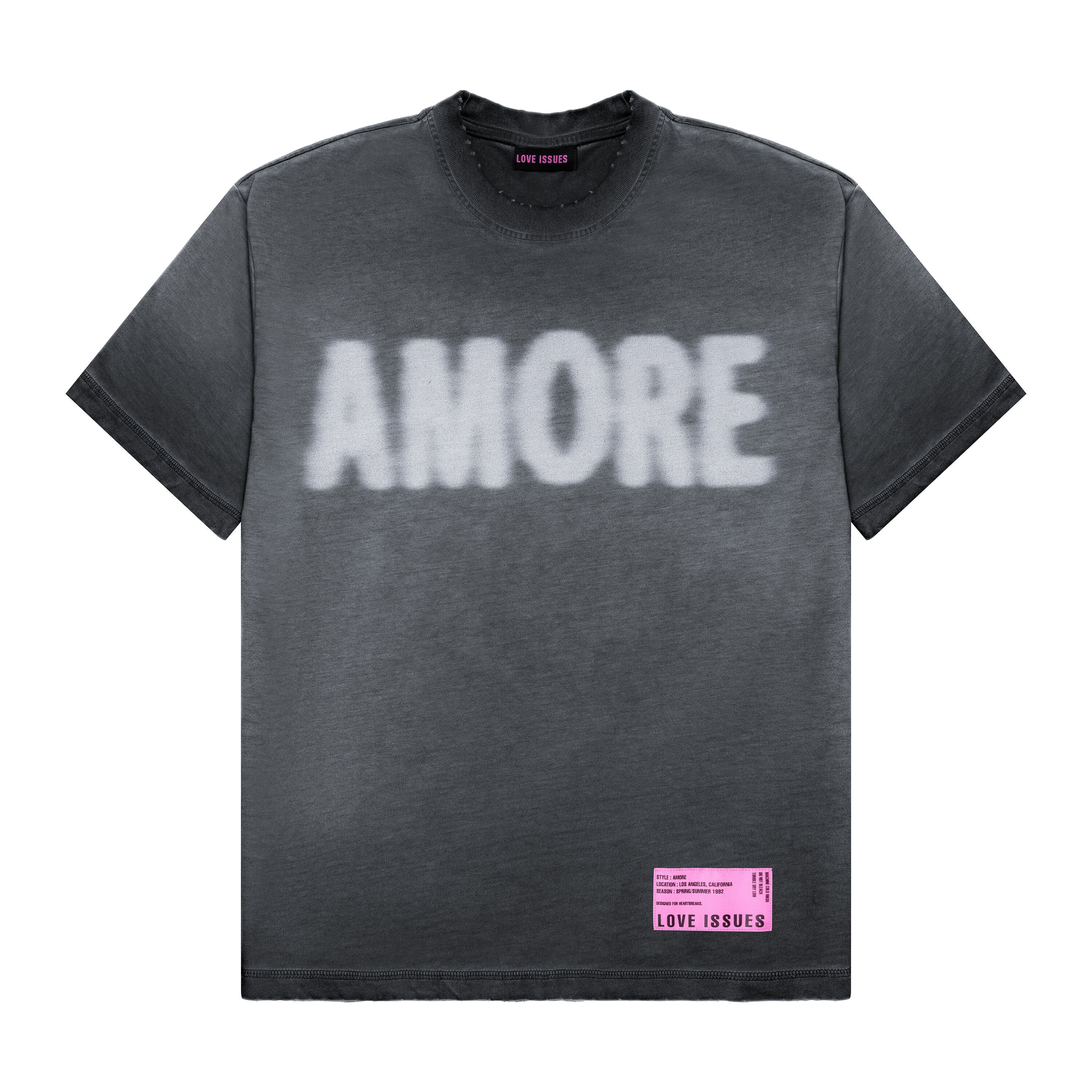 Gray t-shirt with 'AMORE' text on a white background