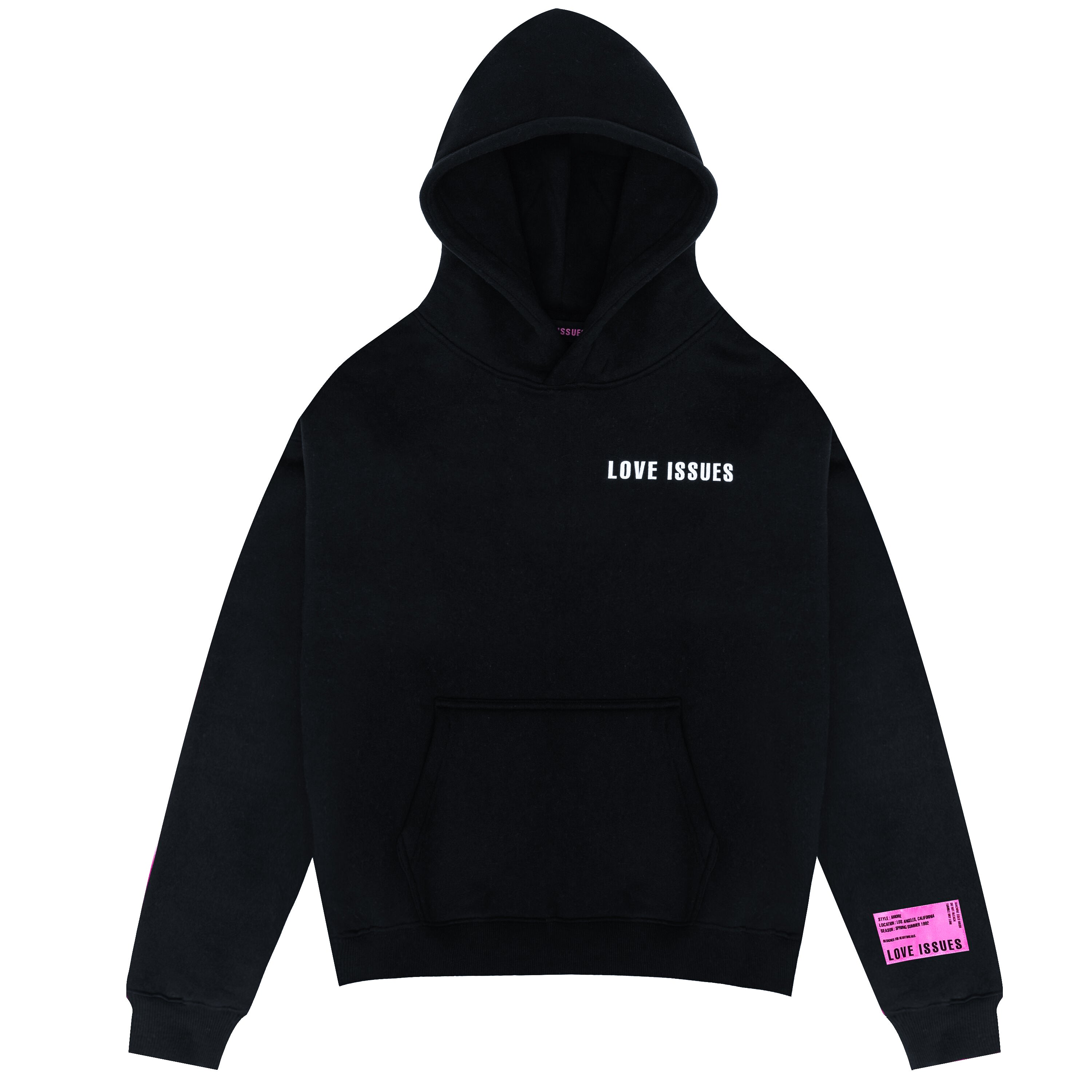 Black hoodie with 'LOVE ISSUES' text on a white background