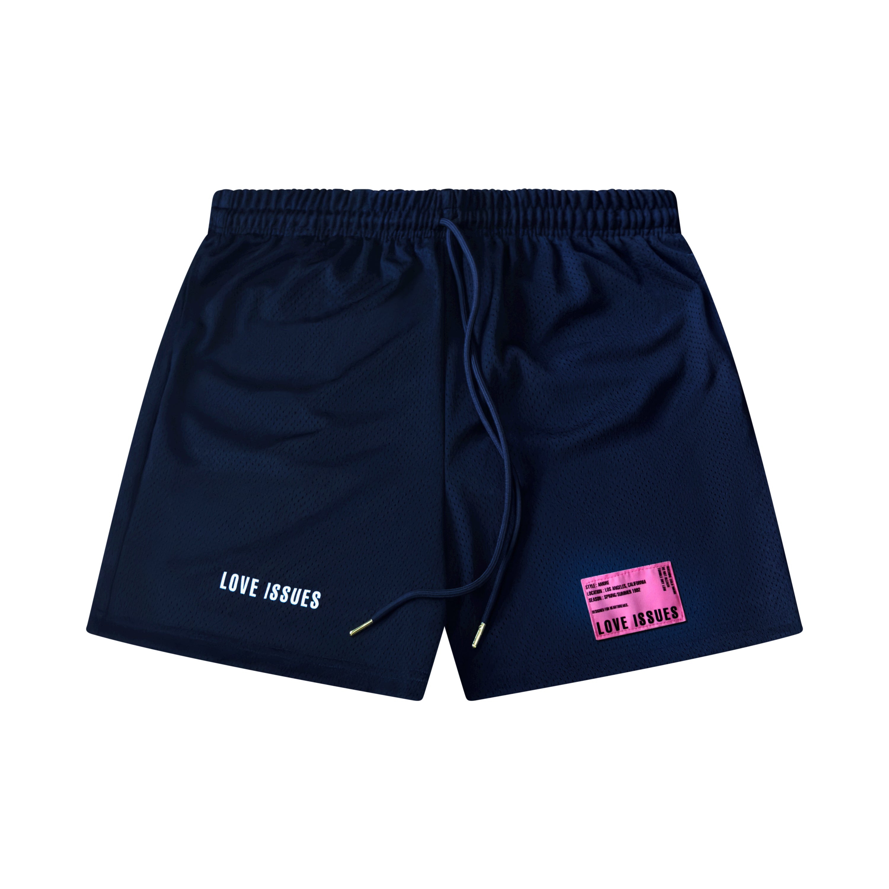 Navy shorts with 'LOVE ISSUES' label on a white background