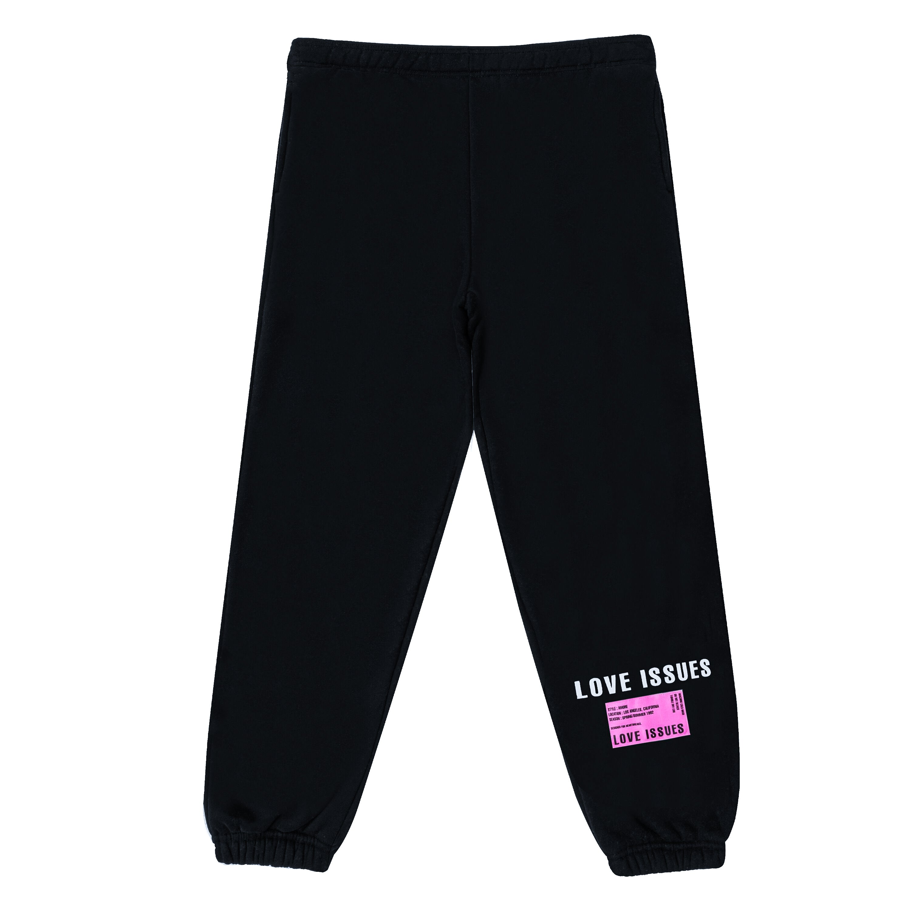 Black sweatpants with 'LOVE ISSUES' text and pink label on a white background
