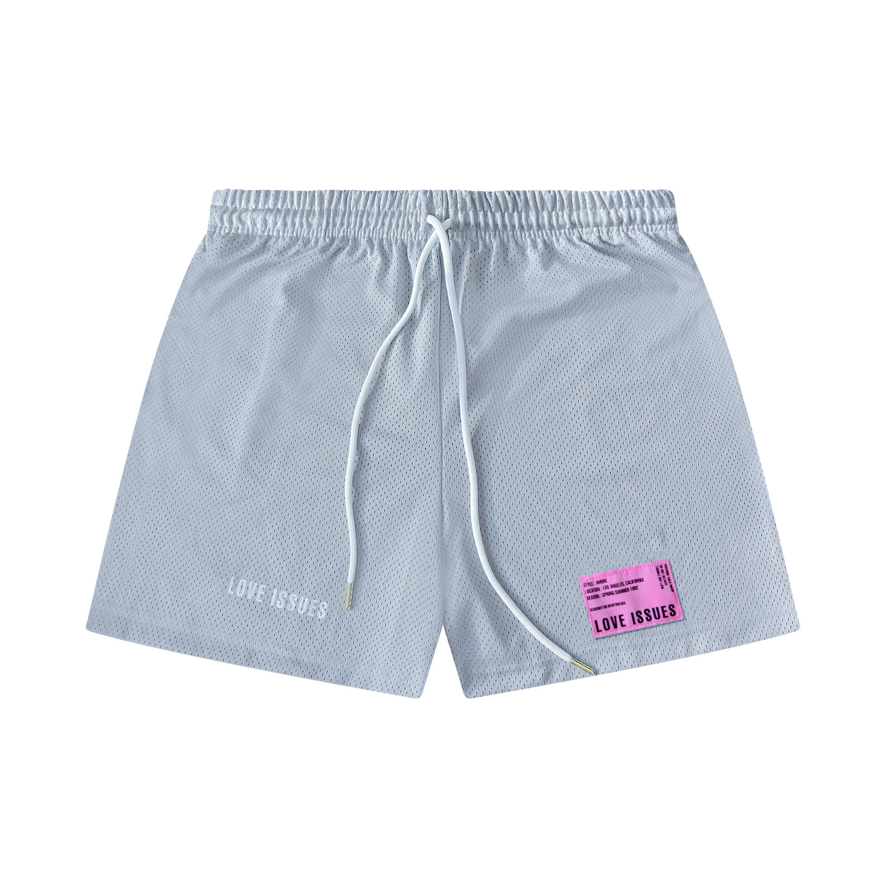 Light blue shorts with a pink patch and 'LOVE ISSUES' text on a white background