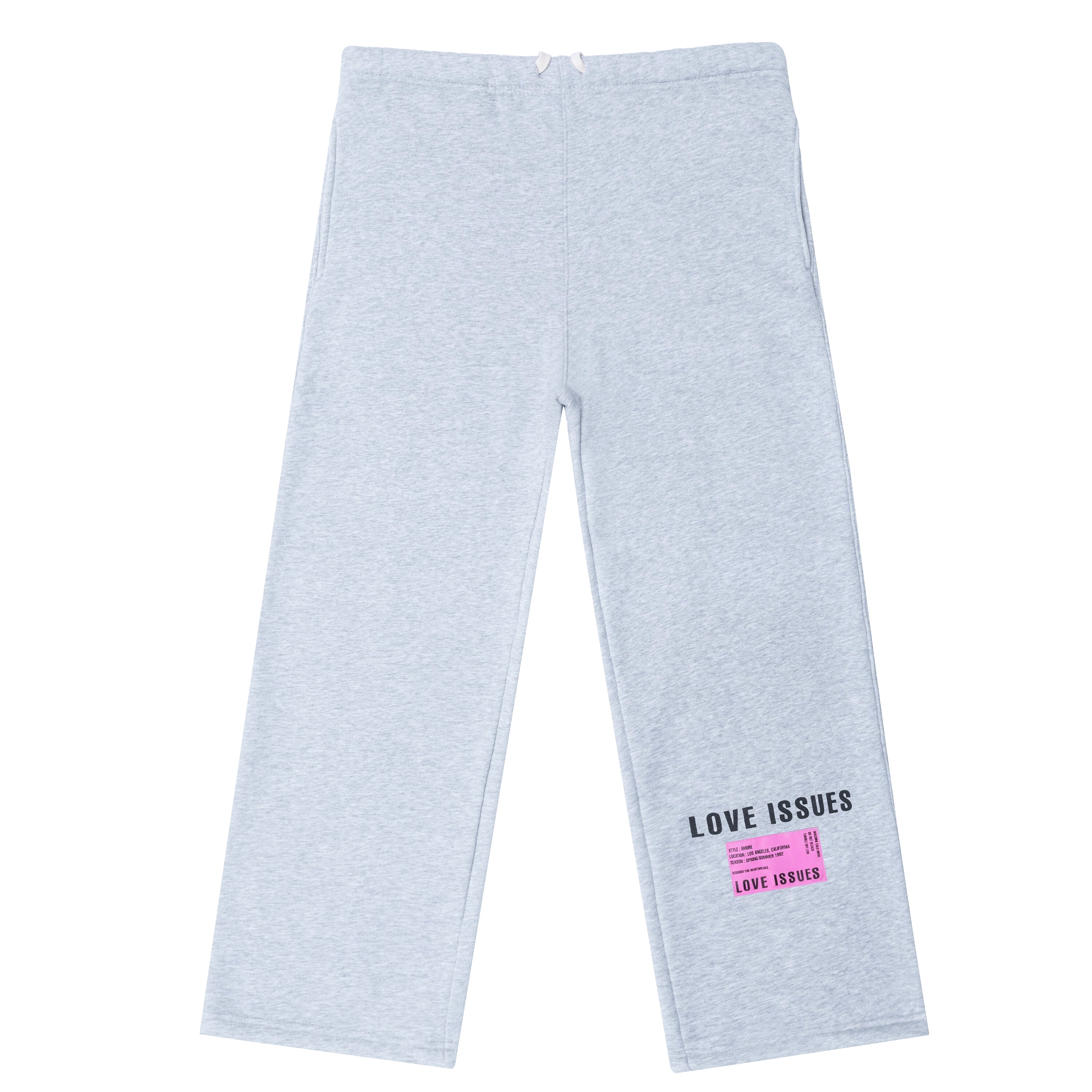 Gray sweatpants with 'LOVE ISSUES' text and pink label on a white background