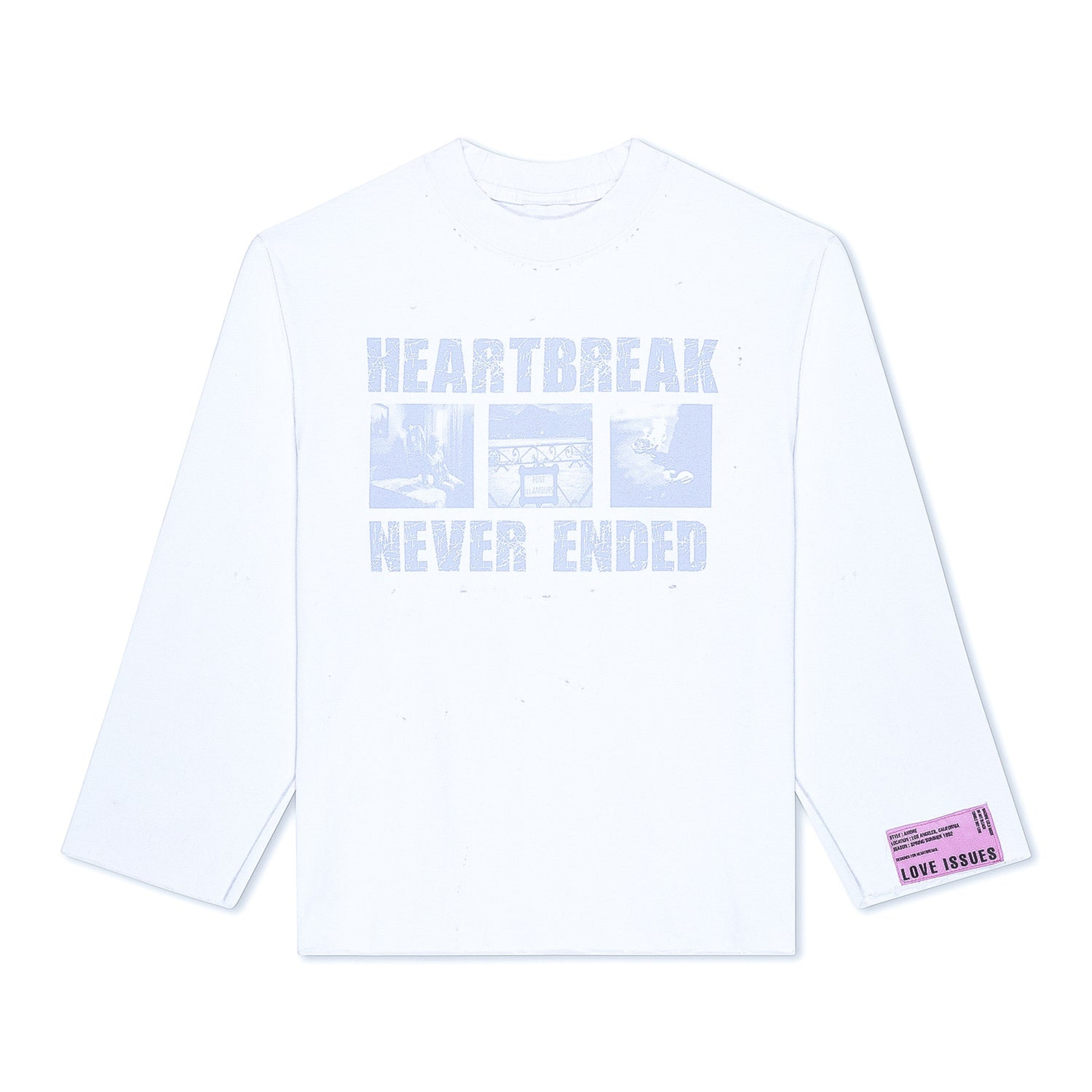White long-sleeve shirt with blue text and graphics on a white background