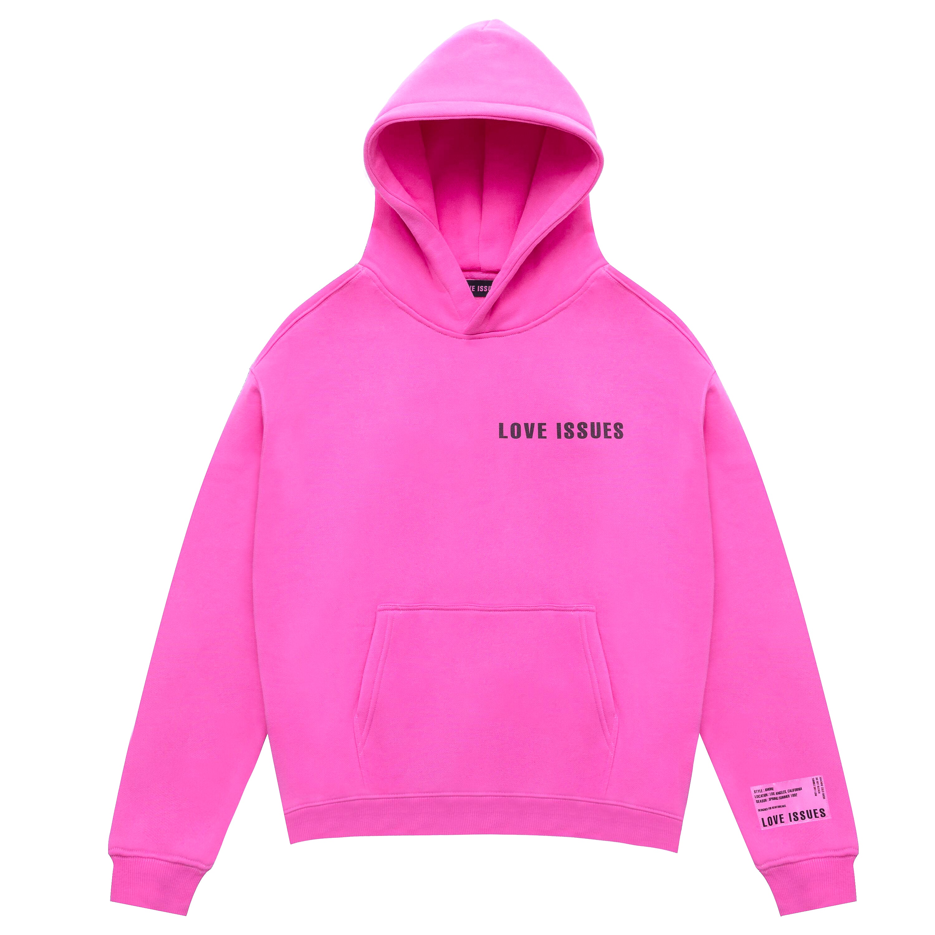 Pink hoodie with 'LOVE ISSUES' text on a white background