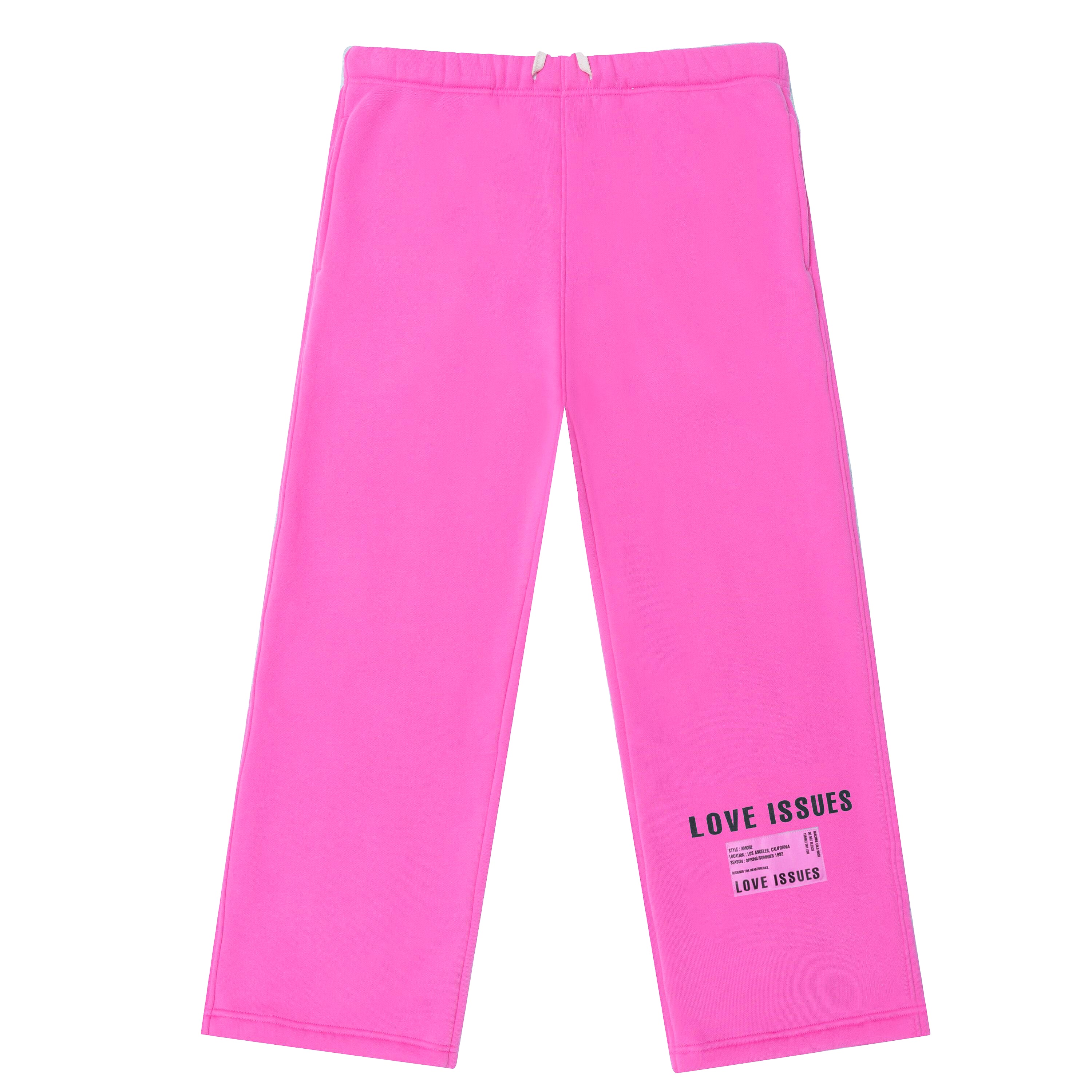Pink sweatpants with 'LOVE ISSUES' text on a white background