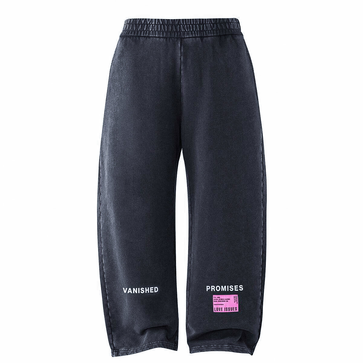 Black pants with text on a white background