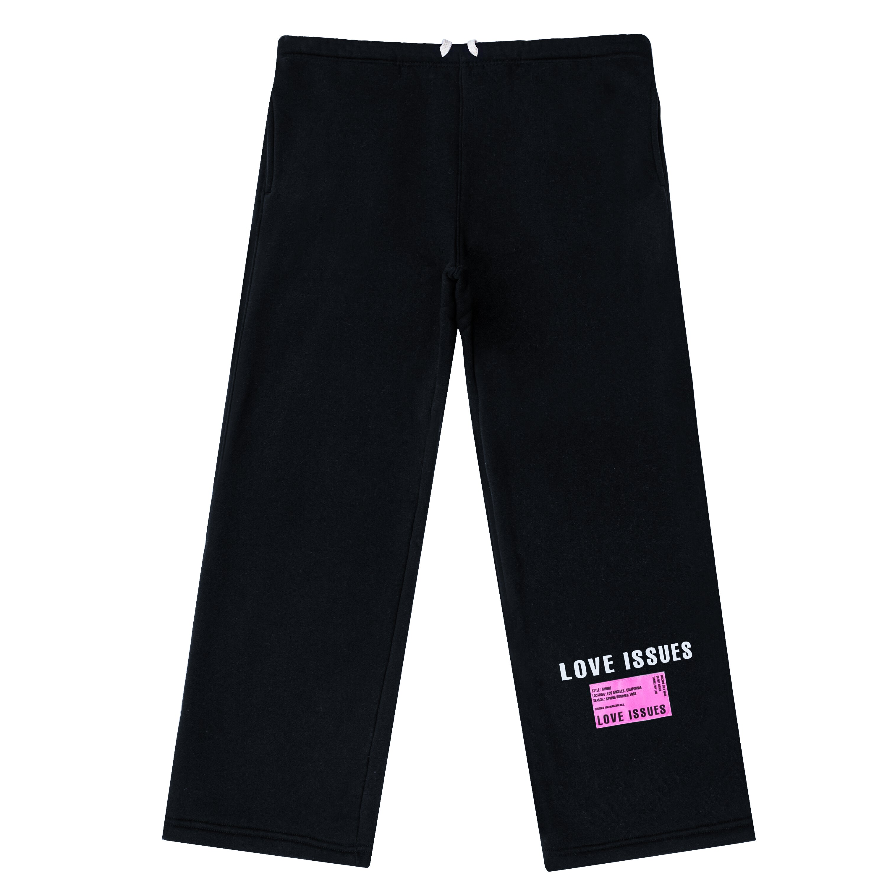 Black pants with 'LOVE ISSUES' text and pink label on a white background