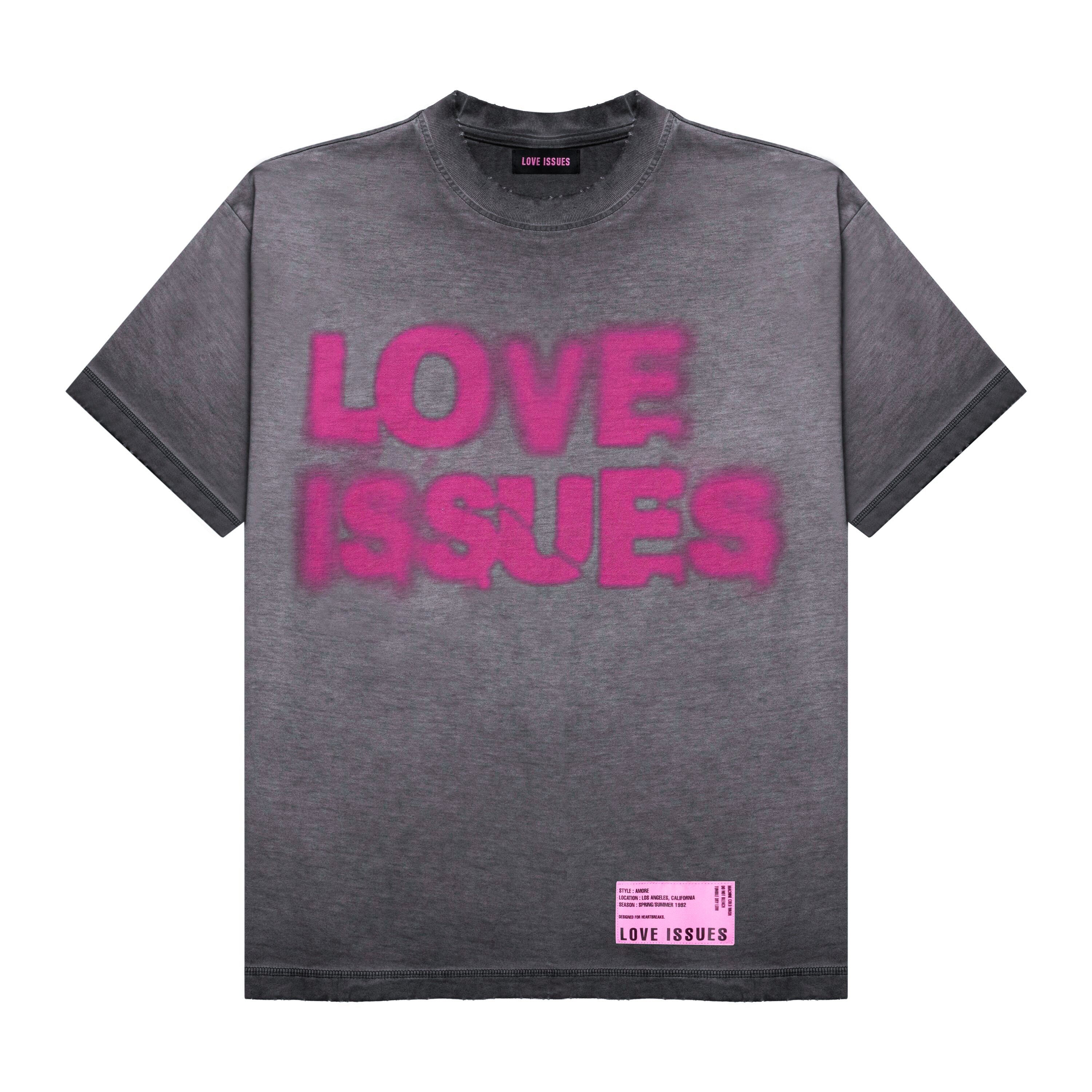 Gray t-shirt with pink 'LOVE ISSUES' text on a white background